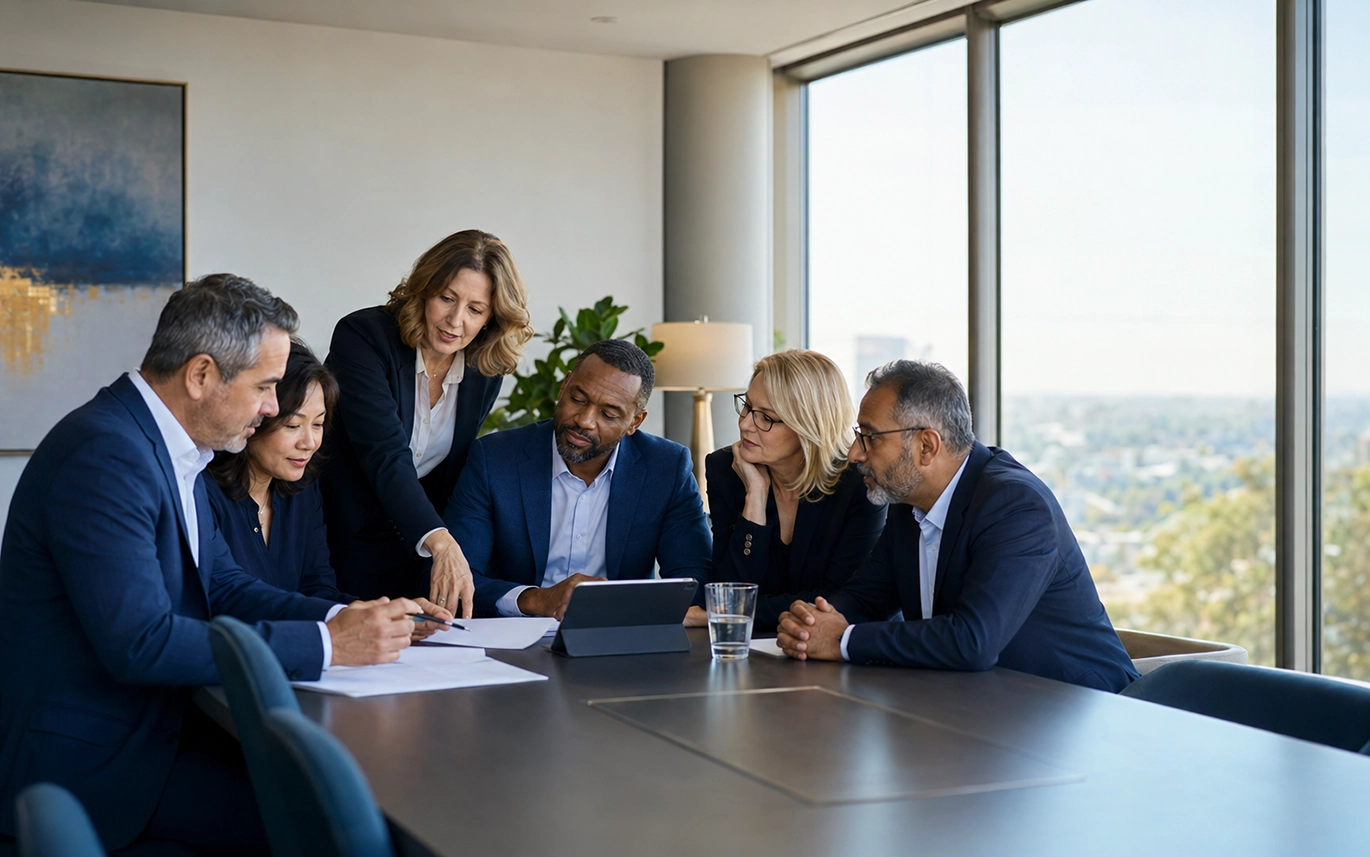 Leaders discussing feedback during a leadership development meeting